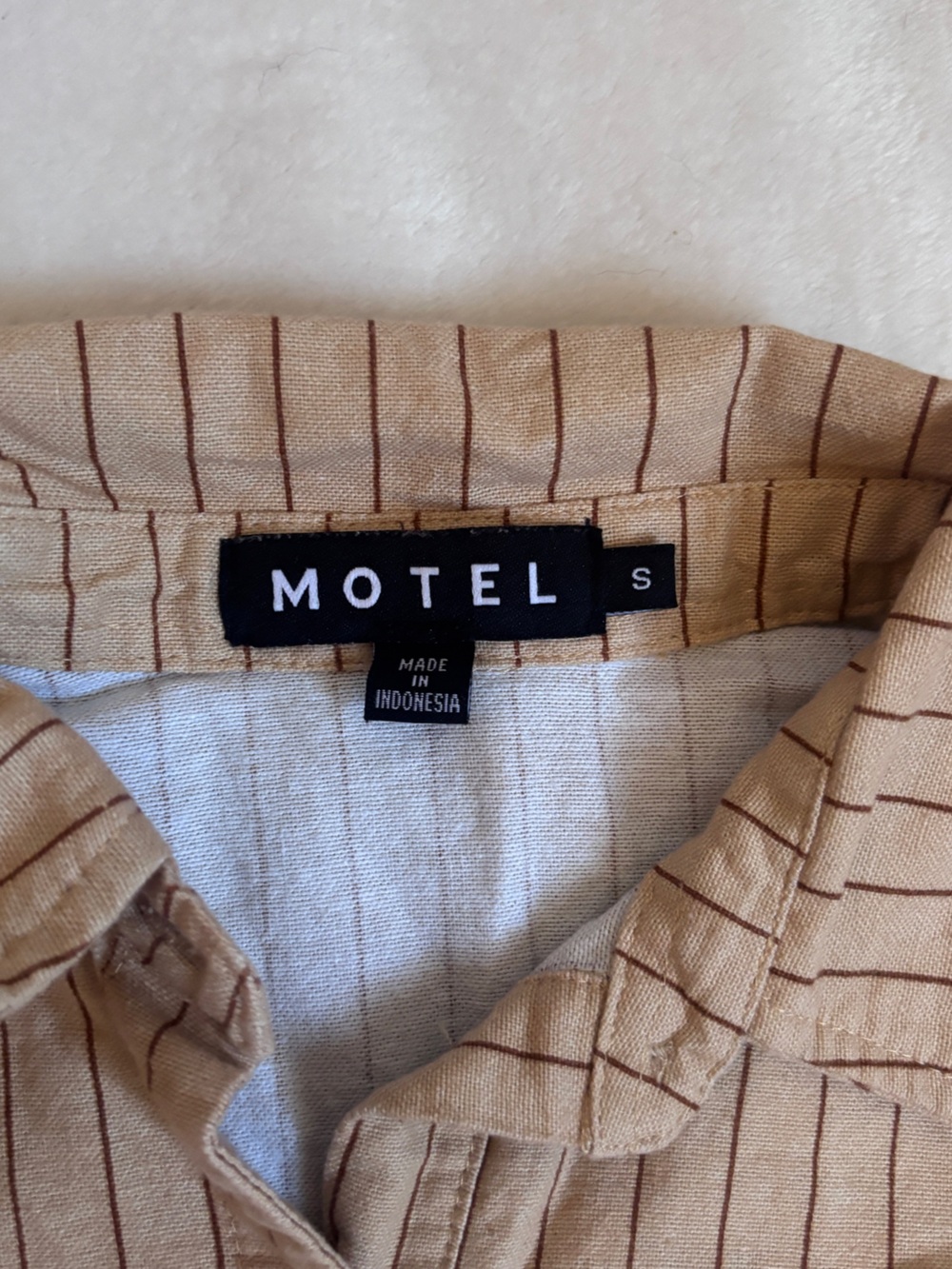 Motel Beige Pinstripe Linen Shirt Dress Mini Collared Button Front Size Small - Picture 3 of 7